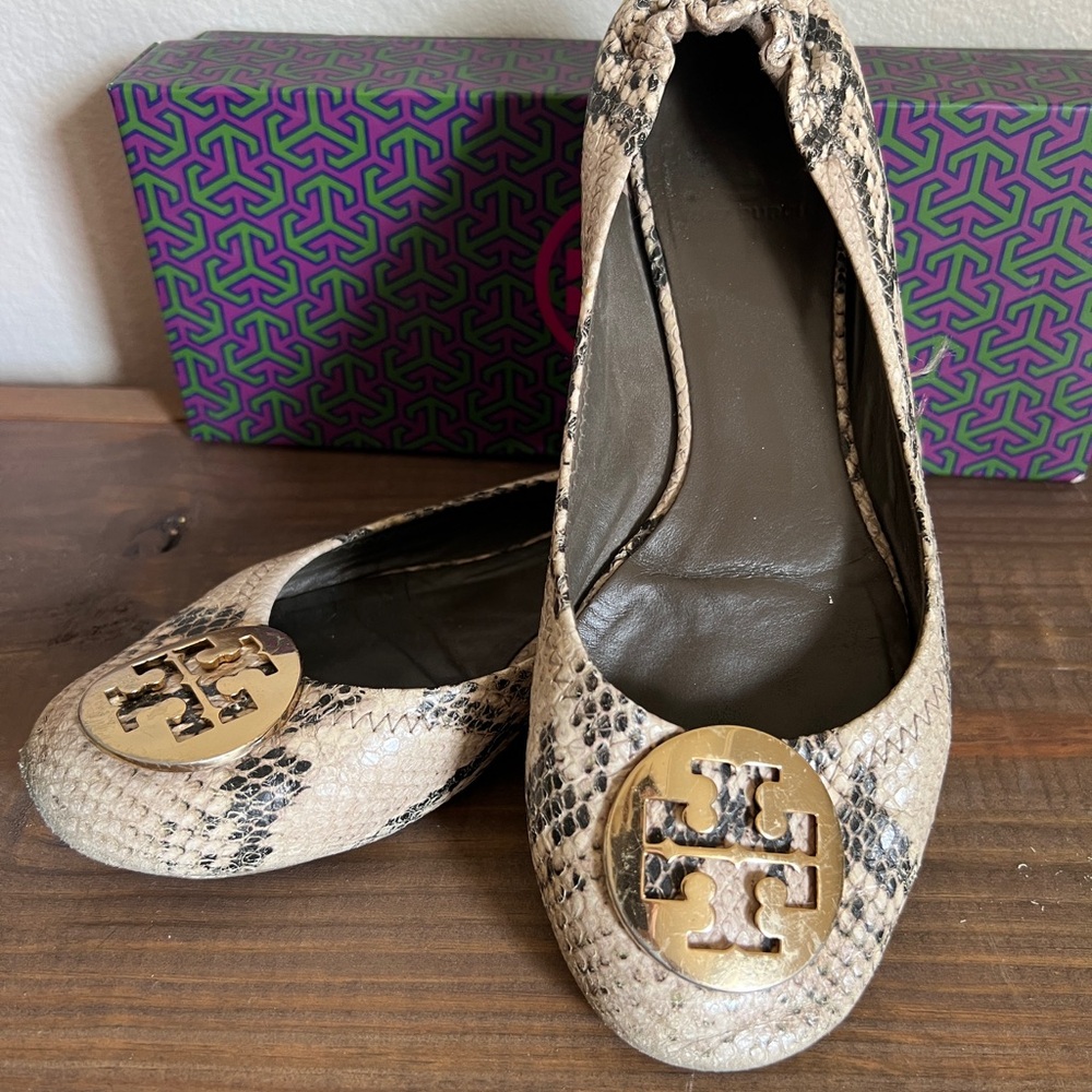 Tory Burch Snakeskin Flats with Gold Logo